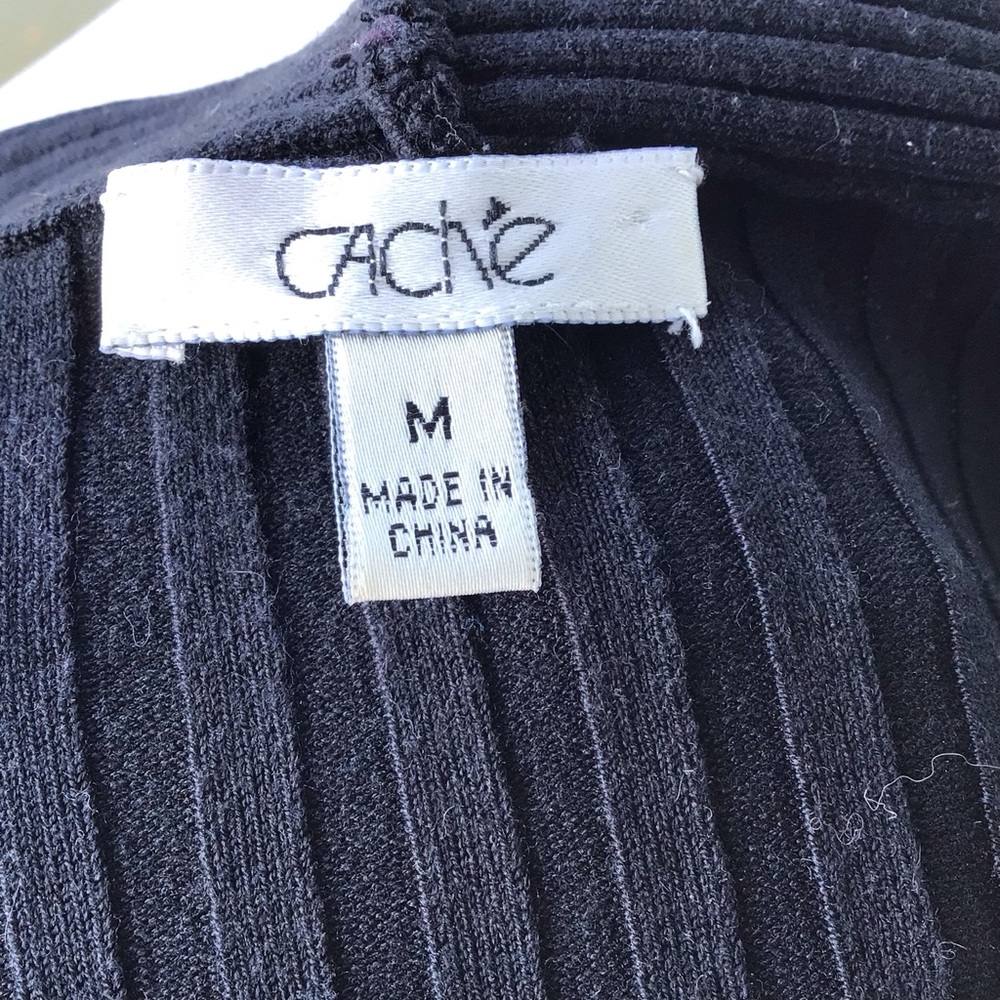 Cache Black Ribbed V-Neck Zip-Up Sweater with Rhinestone Zip Pull Accent - Picture 6 of 10